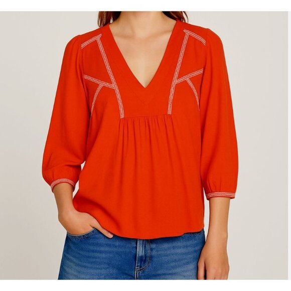 ba&sh Paris Amber Blouse Women’s Size Small Coral Embroidered V-Neck 3/4 Sleeve - Picture 1 of 9